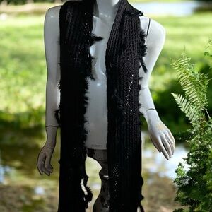 ❄️ 50% off winter Boho chic bohemian black knit feather long rectangle scarf